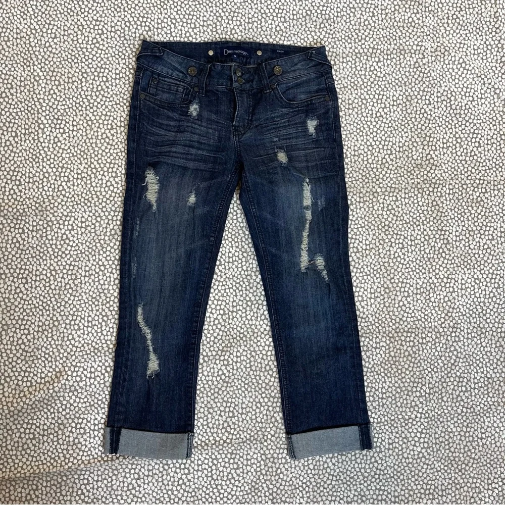 Denimology Dark Blue Distressed Cropped Jeans Mid Rise Size 5 - Picture 11 of 11